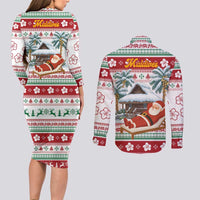 Maldives Christmas Couples Matching Long Sleeve Bodycon Dress and Long Sleeve Button Shirt with Santa Claus Hammock Palm Trees and Tropical - Wonder Print Shop
