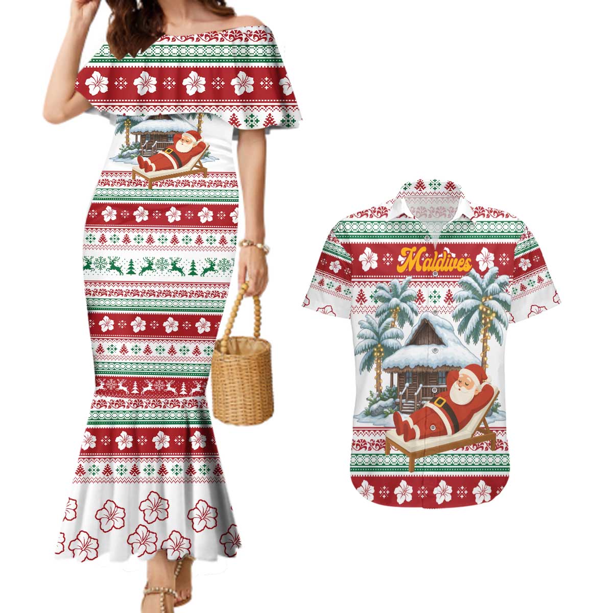 Maldives Christmas Couples Matching Mermaid Dress and Hawaiian Shirt with Santa Claus Hammock Palm Trees and Tropical - Wonder Print Shop