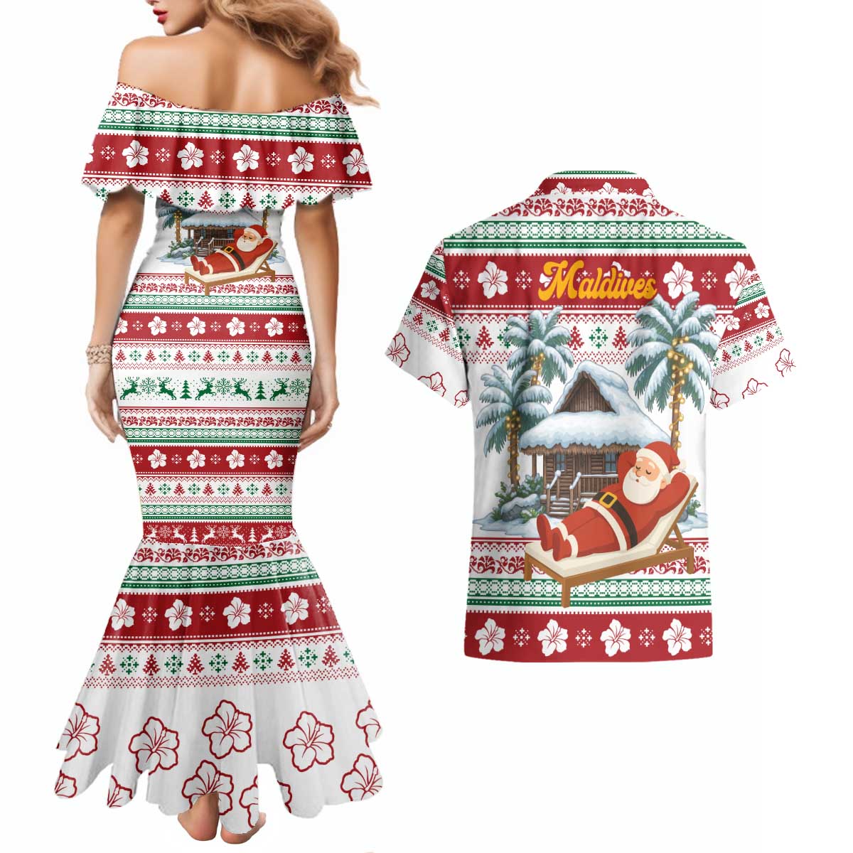 Maldives Christmas Couples Matching Mermaid Dress and Hawaiian Shirt with Santa Claus Hammock Palm Trees and Tropical - Wonder Print Shop