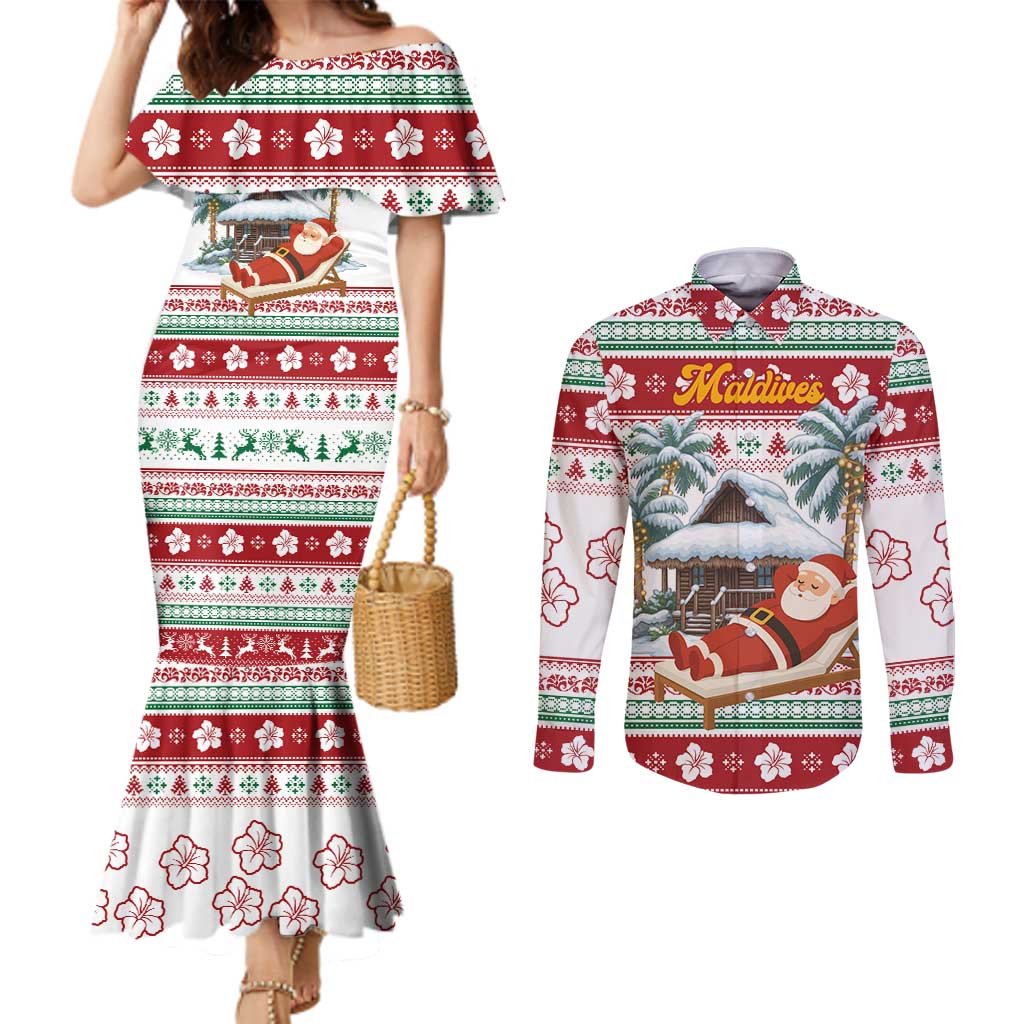 Maldives Christmas Couples Matching Mermaid Dress and Long Sleeve Button Shirt with Santa Claus Hammock Palm Trees and Tropical - Wonder Print Shop