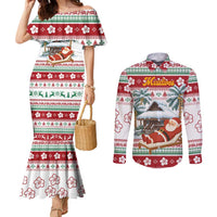 Maldives Christmas Couples Matching Mermaid Dress and Long Sleeve Button Shirt with Santa Claus Hammock Palm Trees and Tropical - Wonder Print Shop