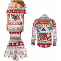 Maldives Christmas Couples Matching Mermaid Dress and Long Sleeve Button Shirt with Santa Claus Hammock Palm Trees and Tropical - Wonder Print Shop