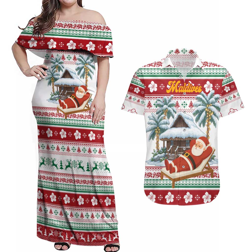 Maldives Christmas Couples Matching Off Shoulder Maxi Dress and Hawaiian Shirt with Santa Claus Hammock Palm Trees and Tropical - Wonder Print Shop