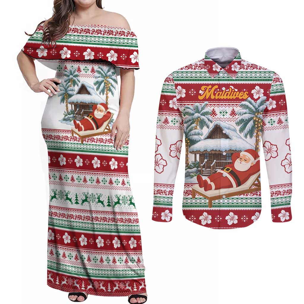 Maldives Christmas Couples Matching Off Shoulder Maxi Dress and Long Sleeve Button Shirt with Santa Claus Hammock Palm Trees and Tropical - Wonder Print Shop
