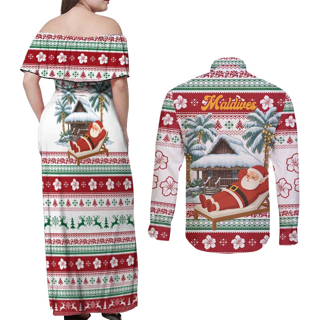 Maldives Christmas Couples Matching Off Shoulder Maxi Dress and Long Sleeve Button Shirt with Santa Claus Hammock Palm Trees and Tropical - Wonder Print Shop