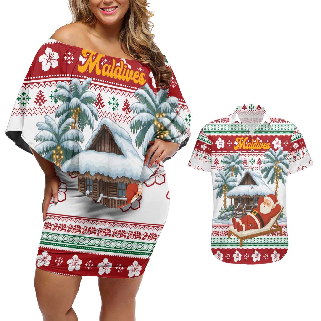 Maldives Christmas Couples Matching Off Shoulder Short Dress and Hawaiian Shirt with Santa Claus Hammock Palm Trees and Tropical - Wonder Print Shop