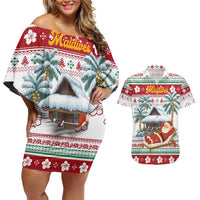 Maldives Christmas Couples Matching Off Shoulder Short Dress and Hawaiian Shirt with Santa Claus Hammock Palm Trees and Tropical - Wonder Print Shop