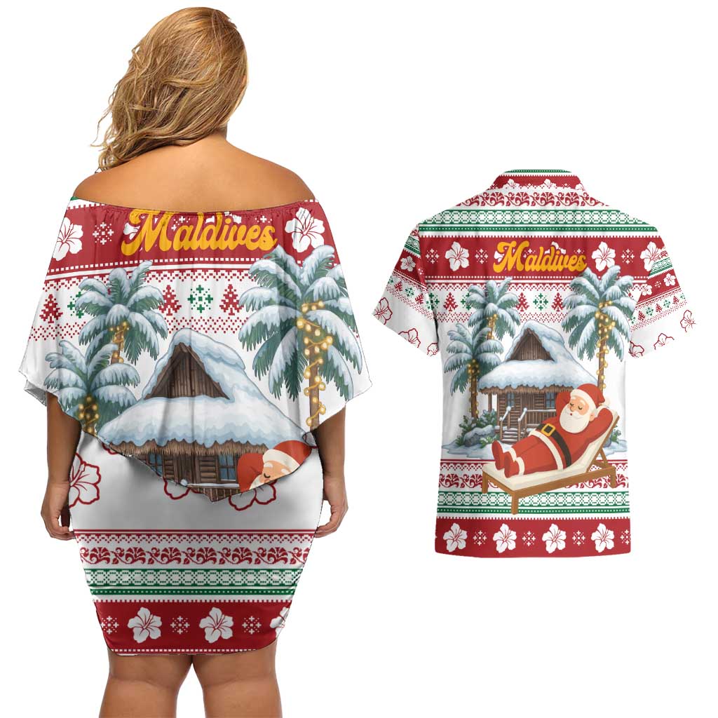 Maldives Christmas Couples Matching Off Shoulder Short Dress and Hawaiian Shirt with Santa Claus Hammock Palm Trees and Tropical - Wonder Print Shop