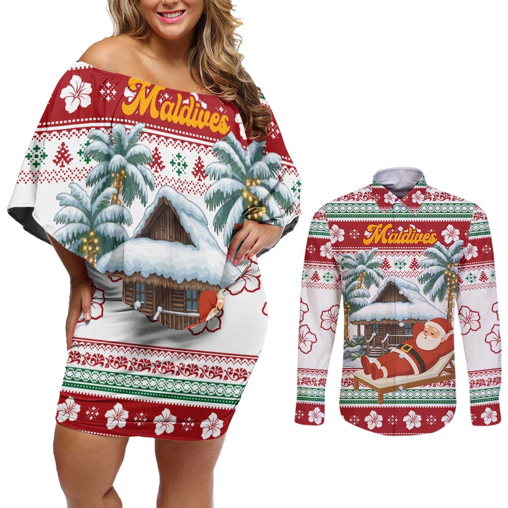 Maldives Christmas Couples Matching Off Shoulder Short Dress and Long Sleeve Button Shirt with Santa Claus Hammock Palm Trees and Tropical - Wonder Print Shop
