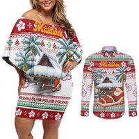 Maldives Christmas Couples Matching Off Shoulder Short Dress and Long Sleeve Button Shirt with Santa Claus Hammock Palm Trees and Tropical - Wonder Print Shop