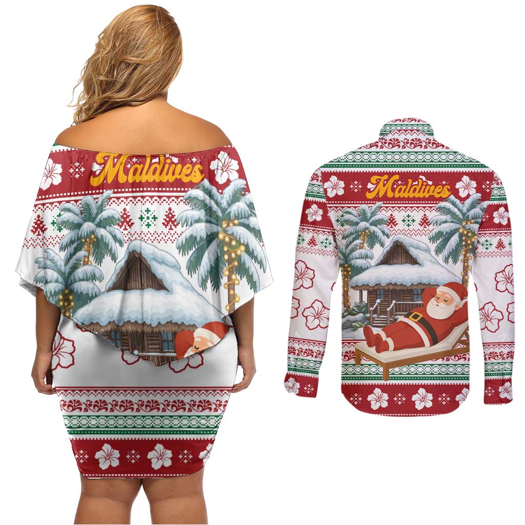 Maldives Christmas Couples Matching Off Shoulder Short Dress and Long Sleeve Button Shirt with Santa Claus Hammock Palm Trees and Tropical - Wonder Print Shop