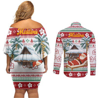 Maldives Christmas Couples Matching Off Shoulder Short Dress and Long Sleeve Button Shirt with Santa Claus Hammock Palm Trees and Tropical - Wonder Print Shop