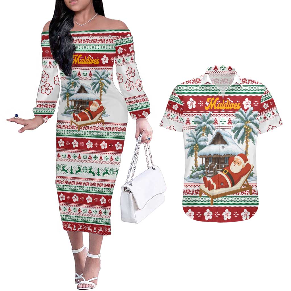 Maldives Christmas Couples Matching Off The Shoulder Long Sleeve Dress and Hawaiian Shirt with Santa Claus Hammock Palm Trees and Tropical - Wonder Print Shop