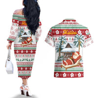 Maldives Christmas Couples Matching Off The Shoulder Long Sleeve Dress and Hawaiian Shirt with Santa Claus Hammock Palm Trees and Tropical - Wonder Print Shop