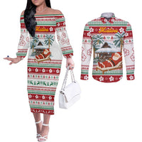 Maldives Christmas Couples Matching Off The Shoulder Long Sleeve Dress and Long Sleeve Button Shirt with Santa Claus Hammock Palm Trees and Tropical - Wonder Print Shop