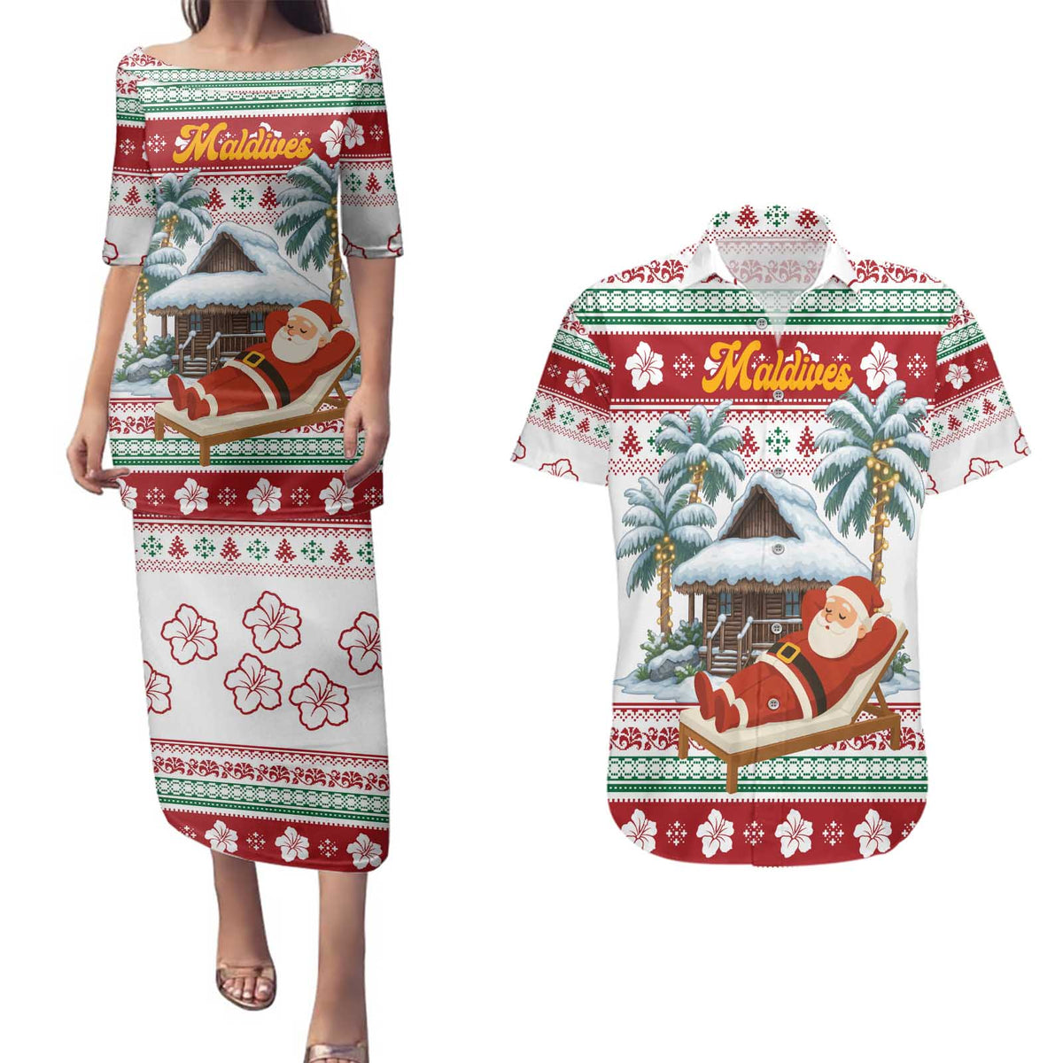 Maldives Christmas Couples Matching Puletasi and Hawaiian Shirt with Santa Claus Hammock Palm Trees and Tropical - Wonder Print Shop