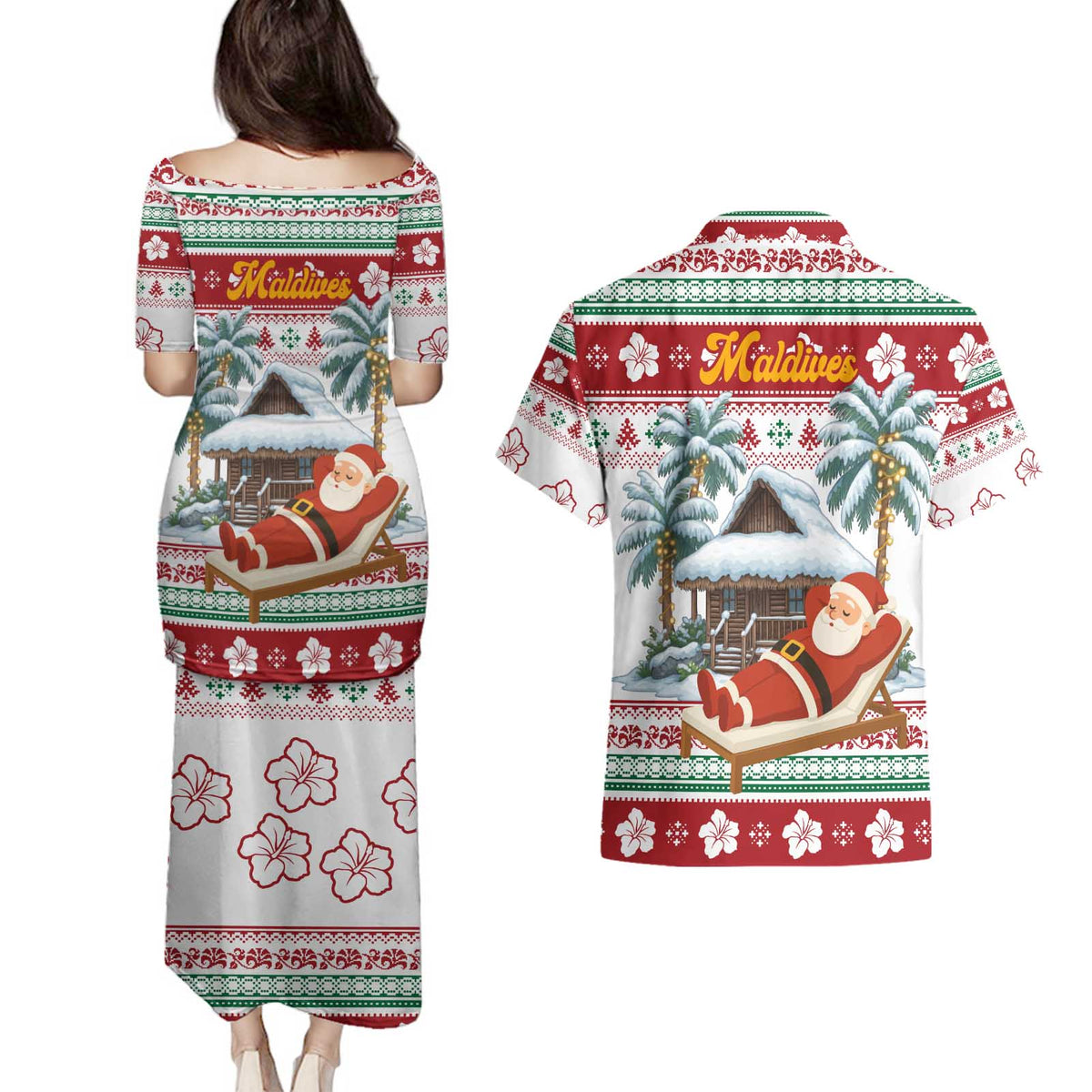 Maldives Christmas Couples Matching Puletasi and Hawaiian Shirt with Santa Claus Hammock Palm Trees and Tropical - Wonder Print Shop