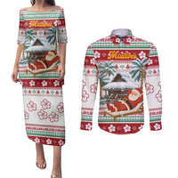 Maldives Christmas Couples Matching Puletasi and Long Sleeve Button Shirt with Santa Claus Hammock Palm Trees and Tropical - Wonder Print Shop