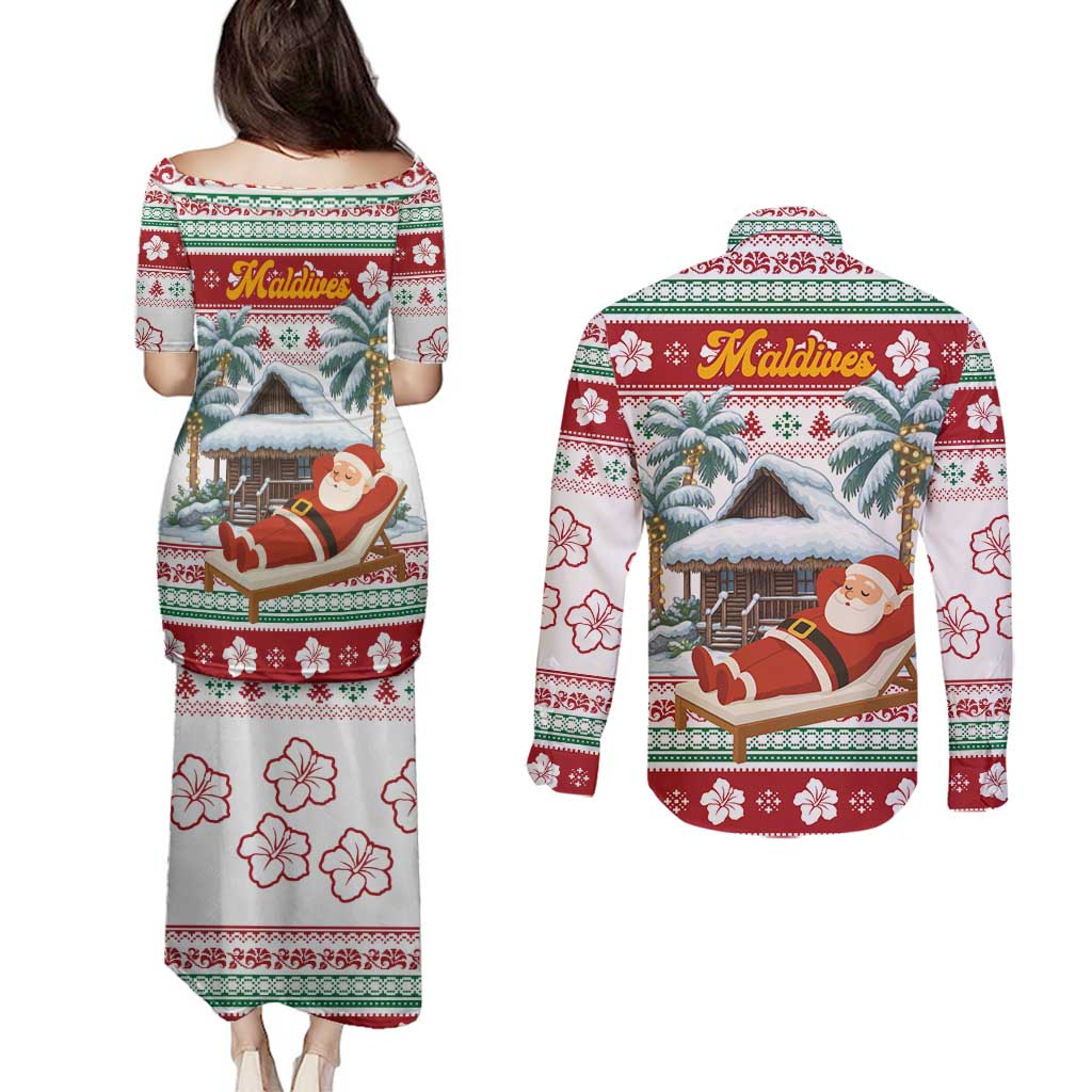 Maldives Christmas Couples Matching Puletasi and Long Sleeve Button Shirt with Santa Claus Hammock Palm Trees and Tropical - Wonder Print Shop