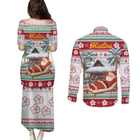 Maldives Christmas Couples Matching Puletasi and Long Sleeve Button Shirt with Santa Claus Hammock Palm Trees and Tropical - Wonder Print Shop