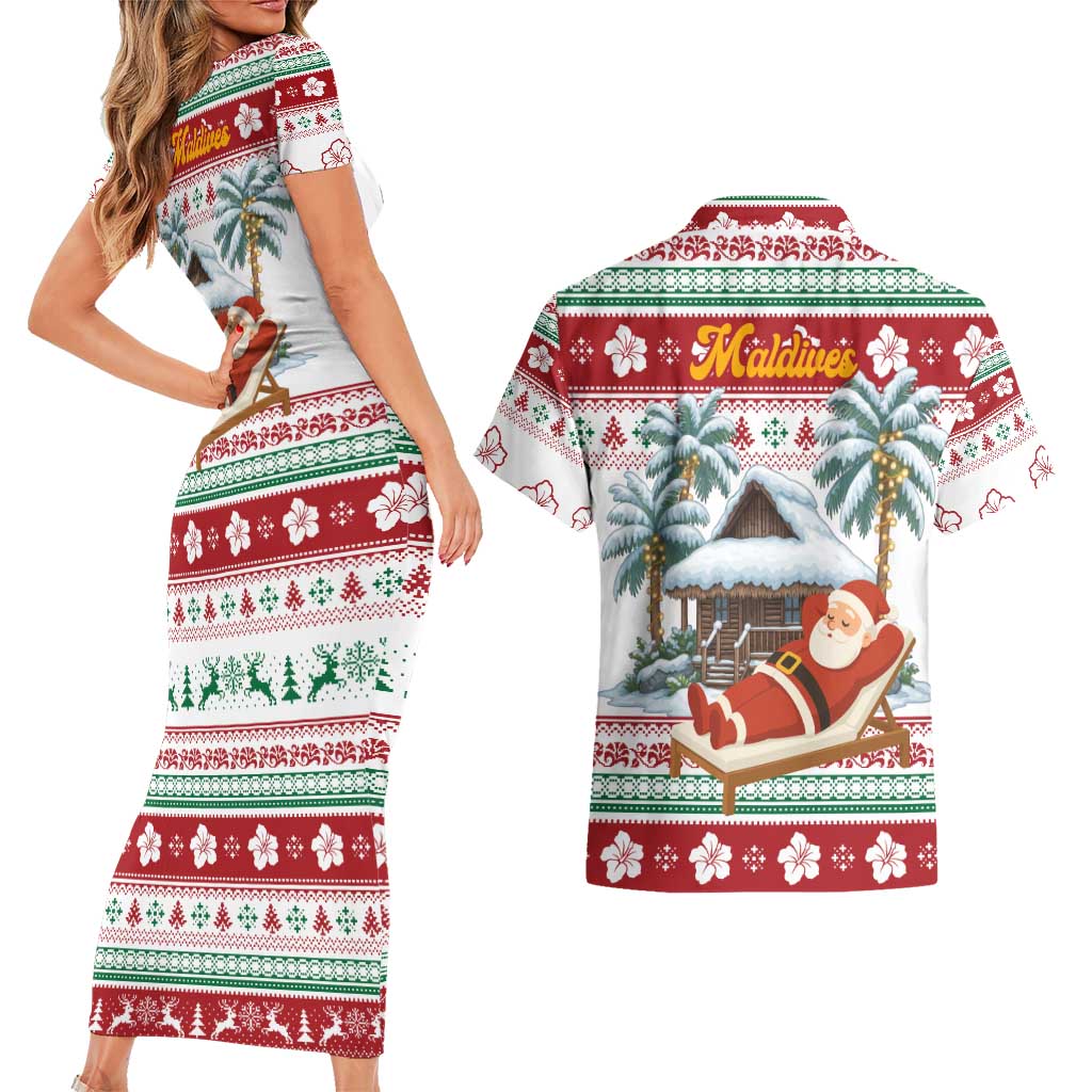 Maldives Christmas Couples Matching Short Sleeve Bodycon Dress and Hawaiian Shirt with Santa Claus Hammock Palm Trees and Tropical - Wonder Print Shop