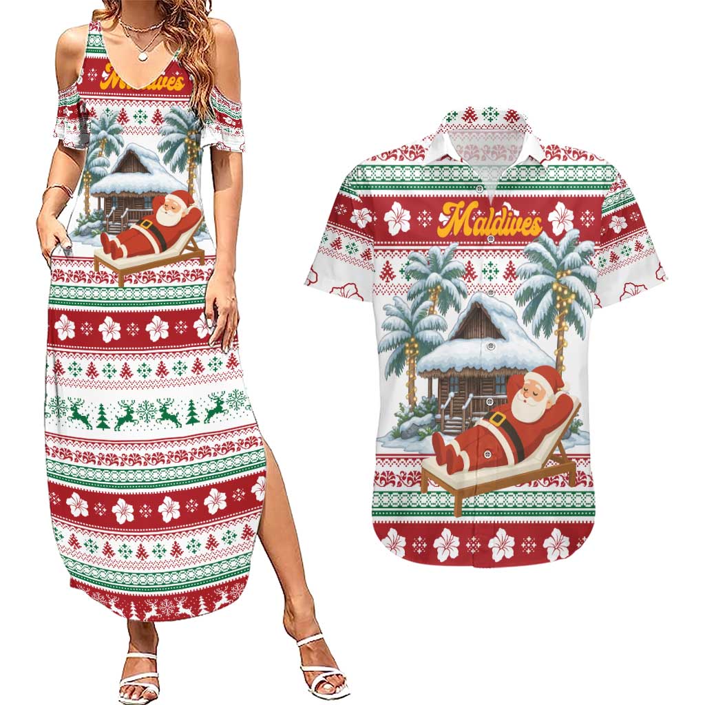 Maldives Christmas Couples Matching Summer Maxi Dress and Hawaiian Shirt with Santa Claus Hammock Palm Trees and Tropical - Wonder Print Shop