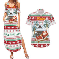 Maldives Christmas Couples Matching Summer Maxi Dress and Hawaiian Shirt with Santa Claus Hammock Palm Trees and Tropical - Wonder Print Shop