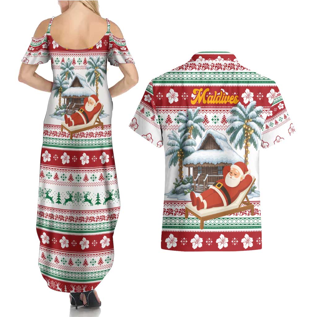 Maldives Christmas Couples Matching Summer Maxi Dress and Hawaiian Shirt with Santa Claus Hammock Palm Trees and Tropical - Wonder Print Shop