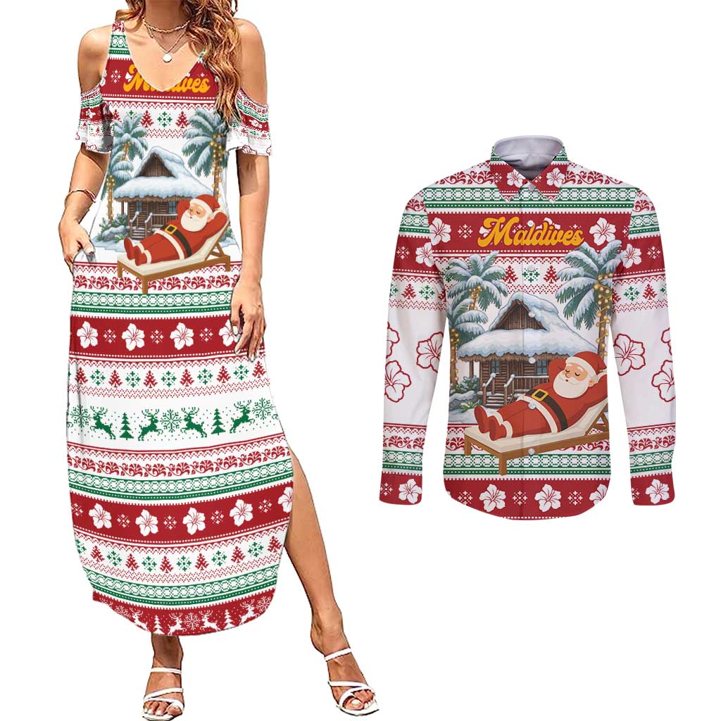 Maldives Christmas Couples Matching Summer Maxi Dress and Long Sleeve Button Shirt with Santa Claus Hammock Palm Trees and Tropical - Wonder Print Shop