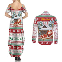 Maldives Christmas Couples Matching Summer Maxi Dress and Long Sleeve Button Shirt with Santa Claus Hammock Palm Trees and Tropical - Wonder Print Shop