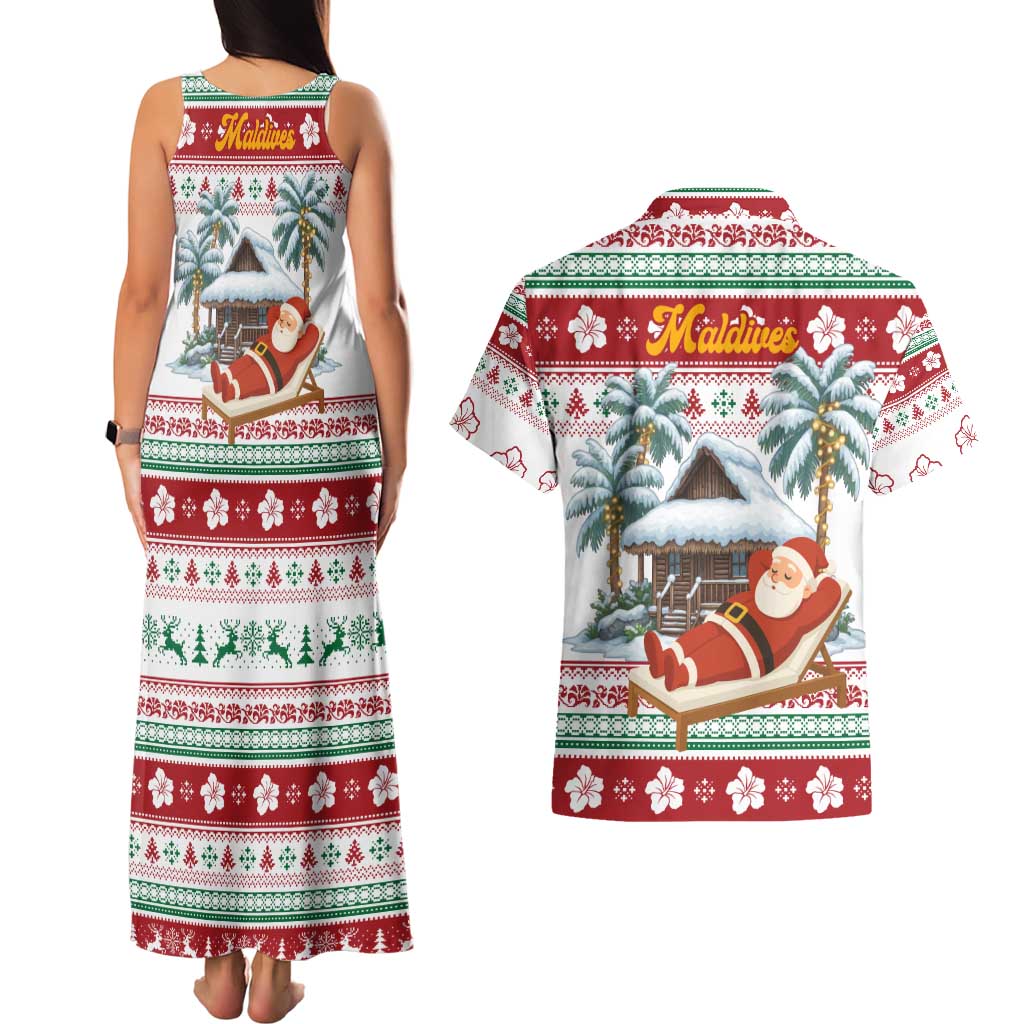 Maldives Christmas Couples Matching Tank Maxi Dress and Hawaiian Shirt with Santa Claus Hammock Palm Trees and Tropical - Wonder Print Shop