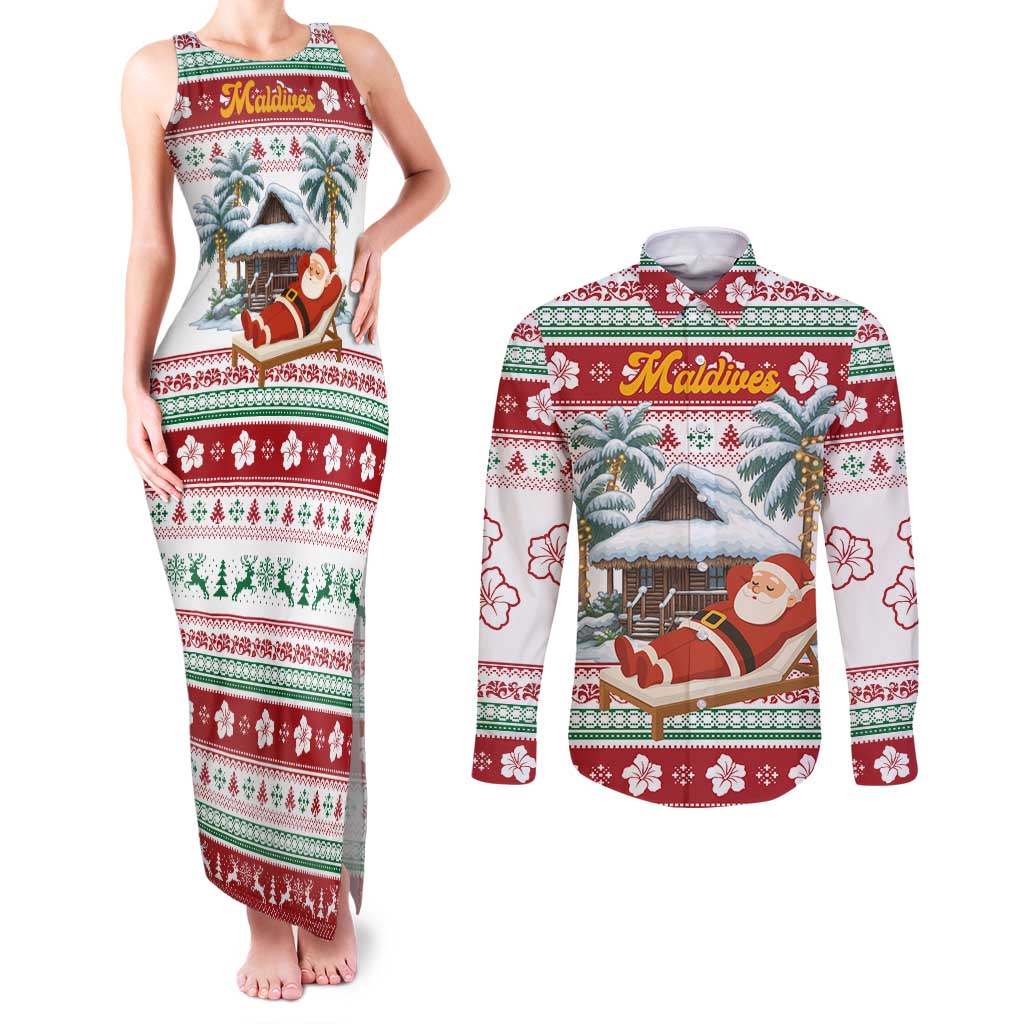 Maldives Christmas Couples Matching Tank Maxi Dress and Long Sleeve Button Shirt with Santa Claus Hammock Palm Trees and Tropical - Wonder Print Shop