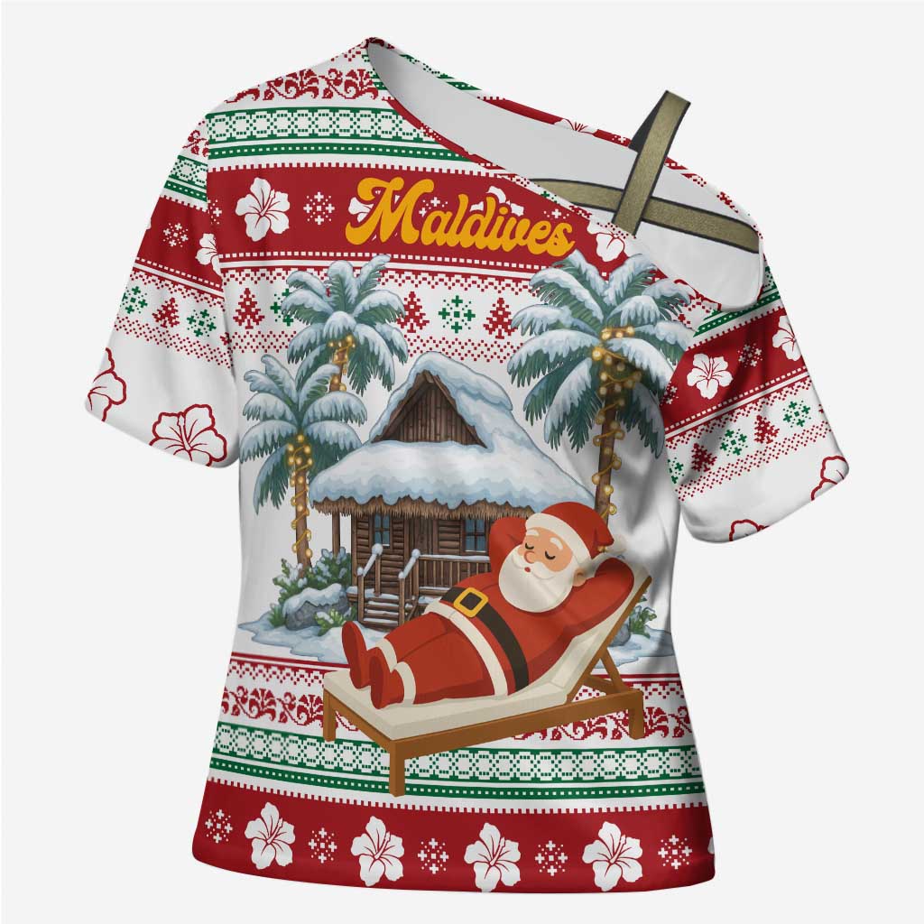 Maldives Christmas Cross Shoulder Shirt with Santa Claus Hammock Palm Trees and Tropical - Wonder Print Shop
