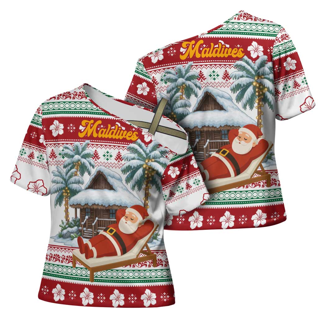 Maldives Christmas Cross Shoulder Shirt with Santa Claus Hammock Palm Trees and Tropical - Wonder Print Shop