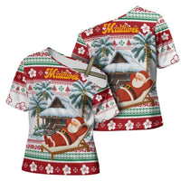 Maldives Christmas Cross Shoulder Shirt with Santa Claus Hammock Palm Trees and Tropical - Wonder Print Shop
