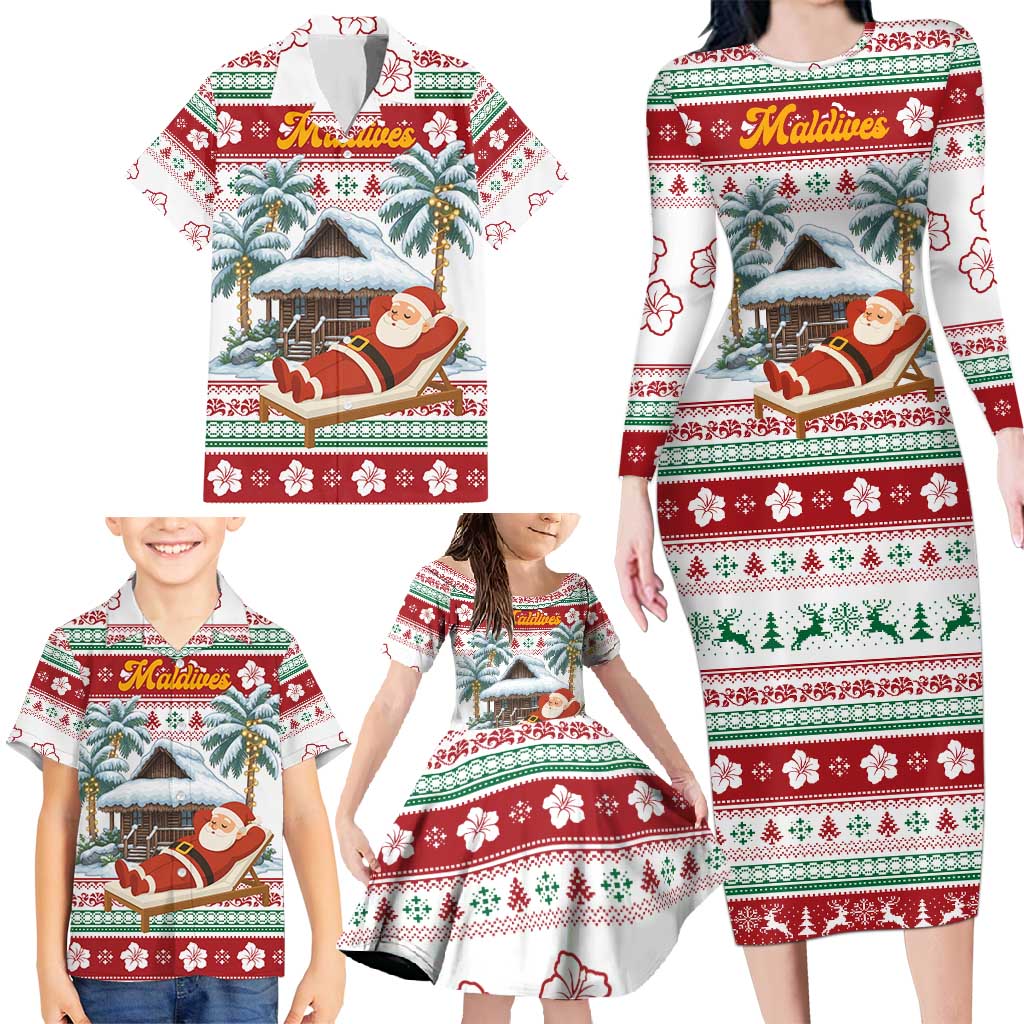 Maldives Christmas Family Matching Long Sleeve Bodycon Dress and Hawaiian Shirt with Santa Claus Hammock Palm Trees and Tropical - Wonder Print Shop