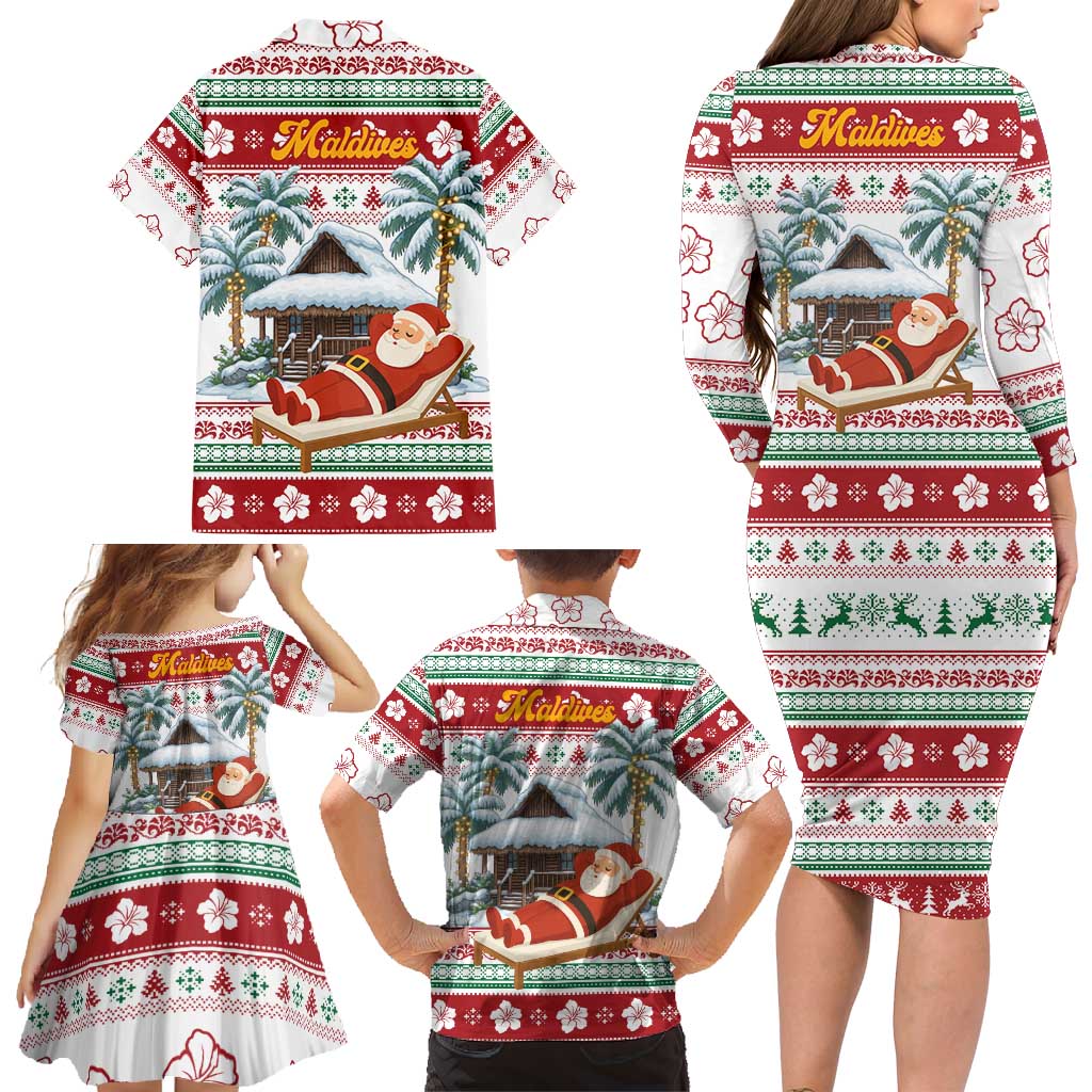 Maldives Christmas Family Matching Long Sleeve Bodycon Dress and Hawaiian Shirt with Santa Claus Hammock Palm Trees and Tropical - Wonder Print Shop