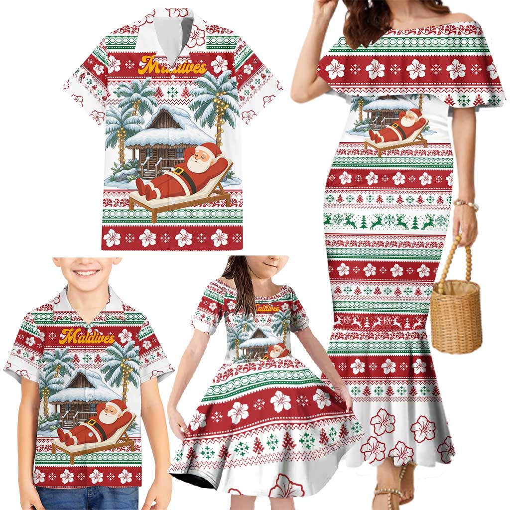 Maldives Christmas Family Matching Mermaid Dress and Hawaiian Shirt with Santa Claus Hammock Palm Trees and Tropical - Wonder Print Shop