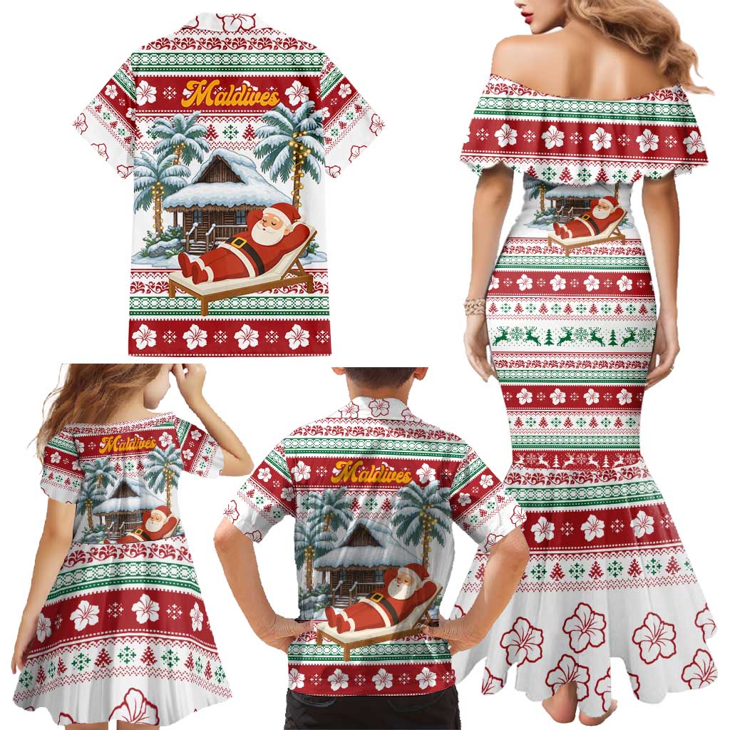 Maldives Christmas Family Matching Mermaid Dress and Hawaiian Shirt with Santa Claus Hammock Palm Trees and Tropical - Wonder Print Shop