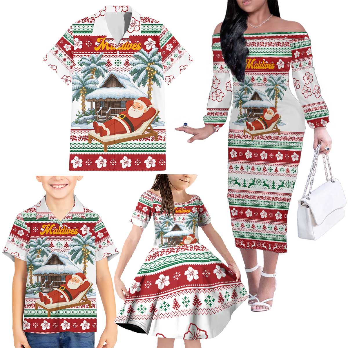 Maldives Christmas Family Matching Off The Shoulder Long Sleeve Dress and Hawaiian Shirt with Santa Claus Hammock Palm Trees and Tropical - Wonder Print Shop
