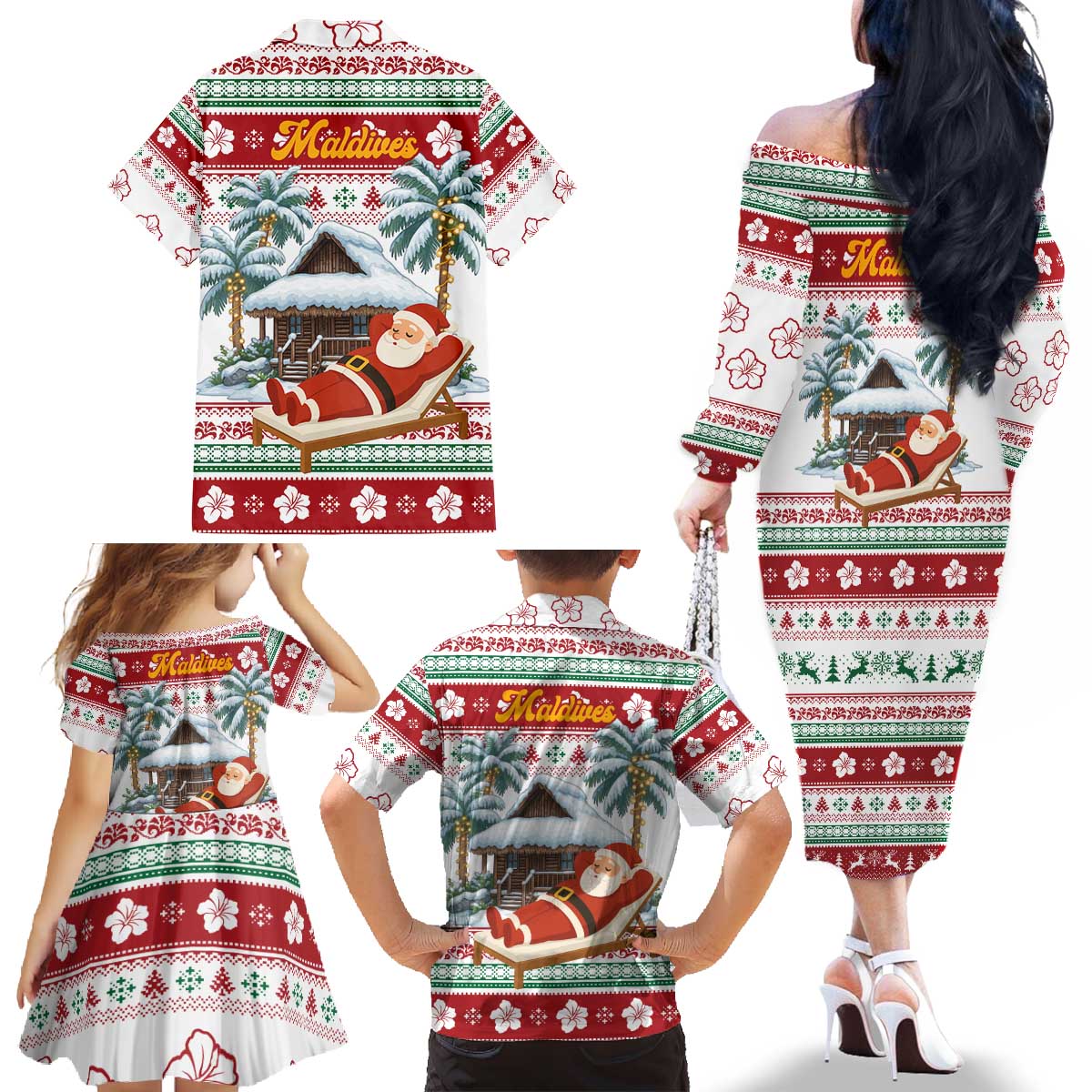 Maldives Christmas Family Matching Off The Shoulder Long Sleeve Dress and Hawaiian Shirt with Santa Claus Hammock Palm Trees and Tropical - Wonder Print Shop