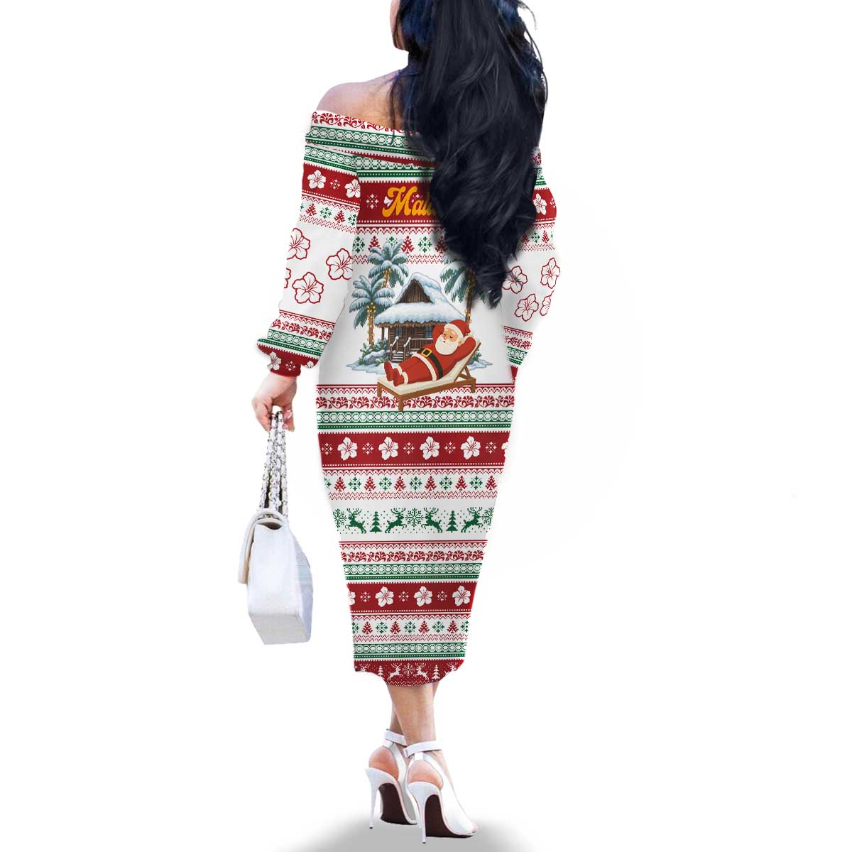 Maldives Christmas Family Matching Off The Shoulder Long Sleeve Dress and Hawaiian Shirt with Santa Claus Hammock Palm Trees and Tropical - Wonder Print Shop