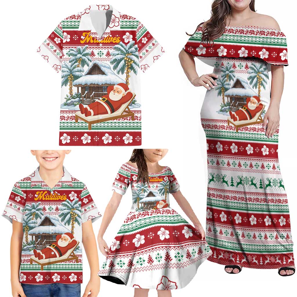 Maldives Christmas Family Matching Off Shoulder Maxi Dress and Hawaiian Shirt with Santa Claus Hammock Palm Trees and Tropical - Wonder Print Shop