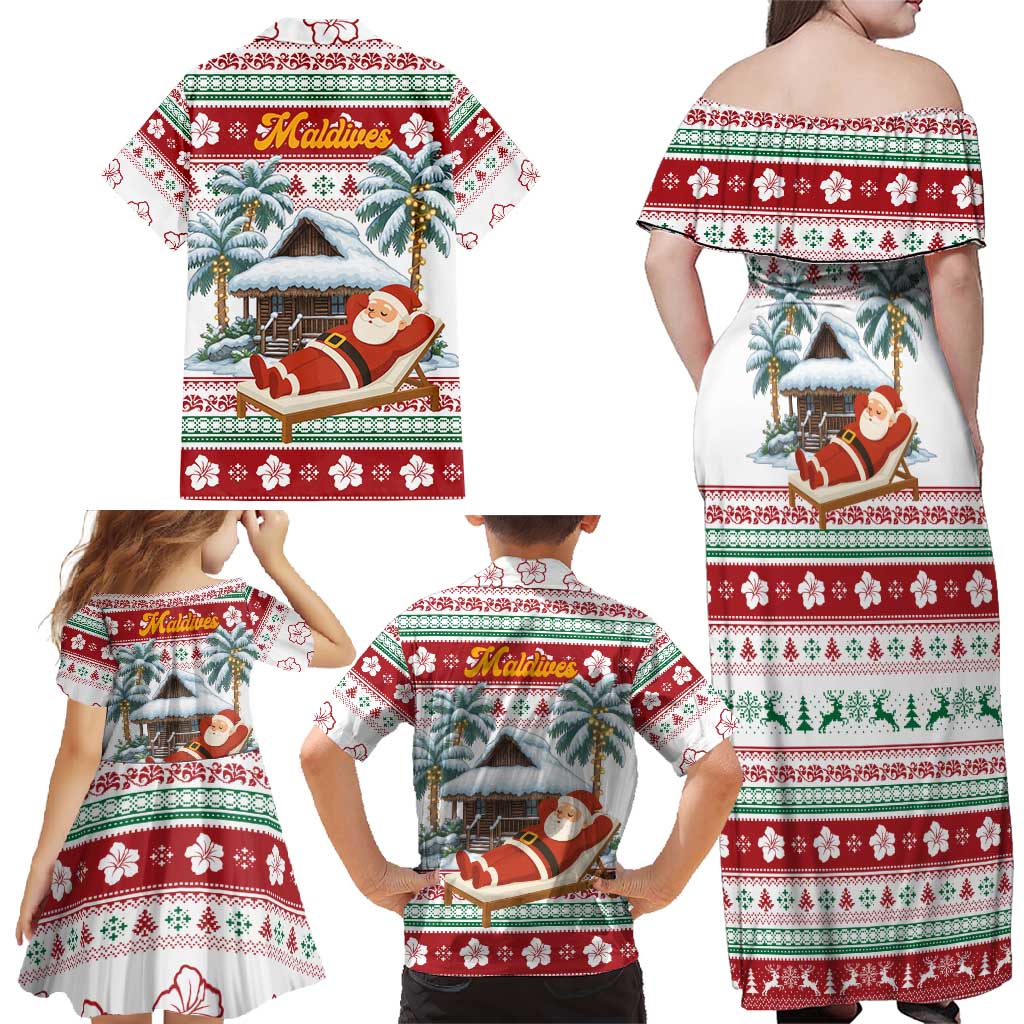 Maldives Christmas Family Matching Off Shoulder Maxi Dress and Hawaiian Shirt with Santa Claus Hammock Palm Trees and Tropical - Wonder Print Shop