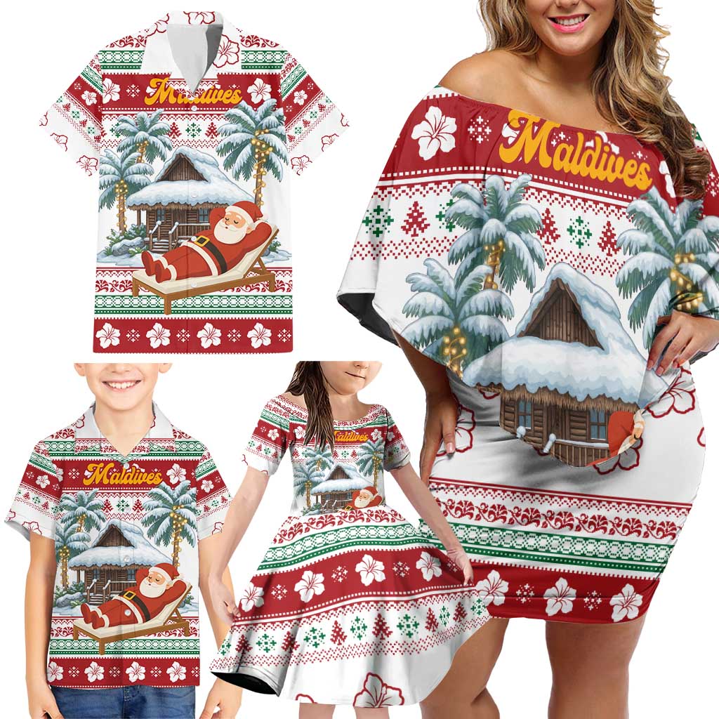 Maldives Christmas Family Matching Off Shoulder Short Dress and Hawaiian Shirt with Santa Claus Hammock Palm Trees and Tropical - Wonder Print Shop