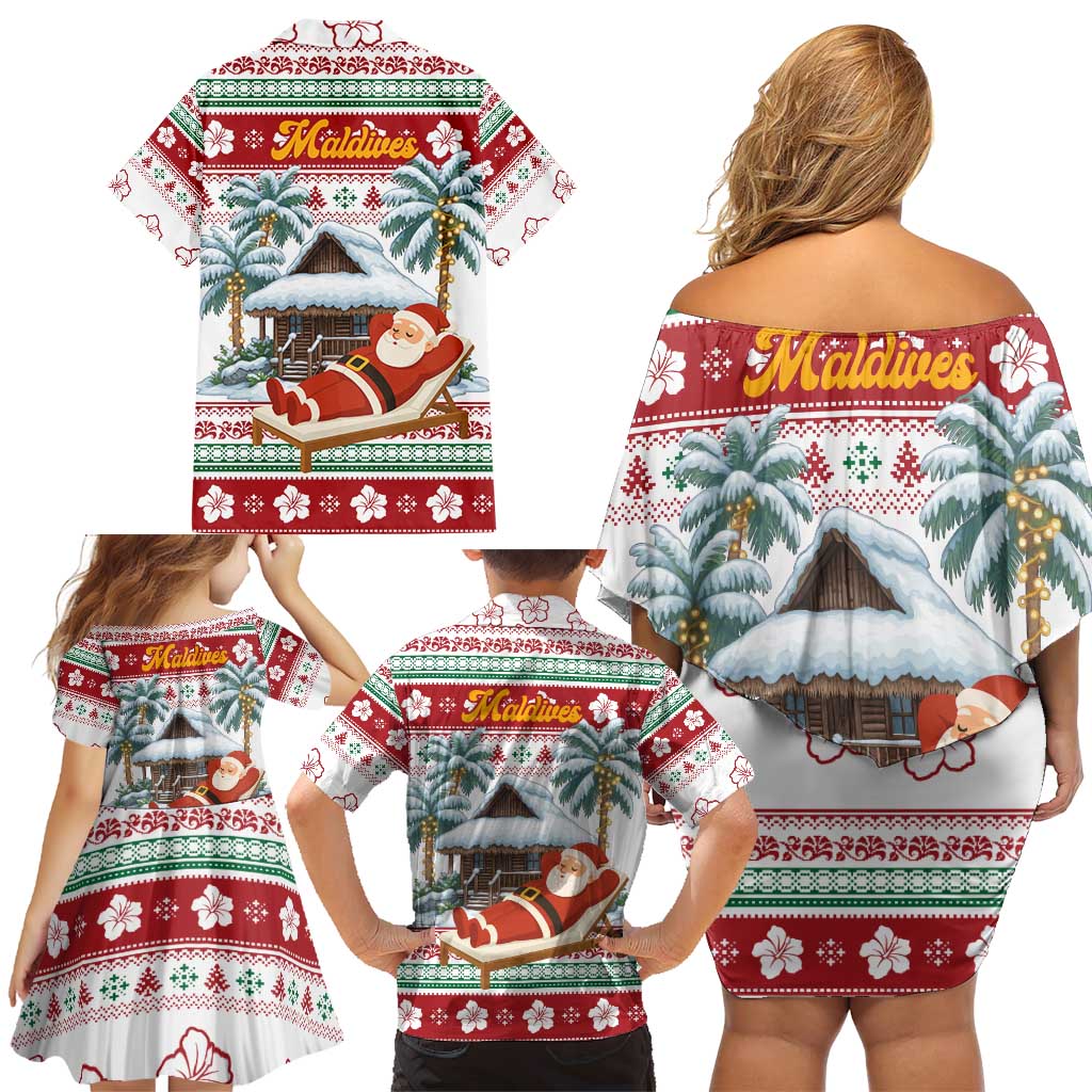 Maldives Christmas Family Matching Off Shoulder Short Dress and Hawaiian Shirt with Santa Claus Hammock Palm Trees and Tropical - Wonder Print Shop