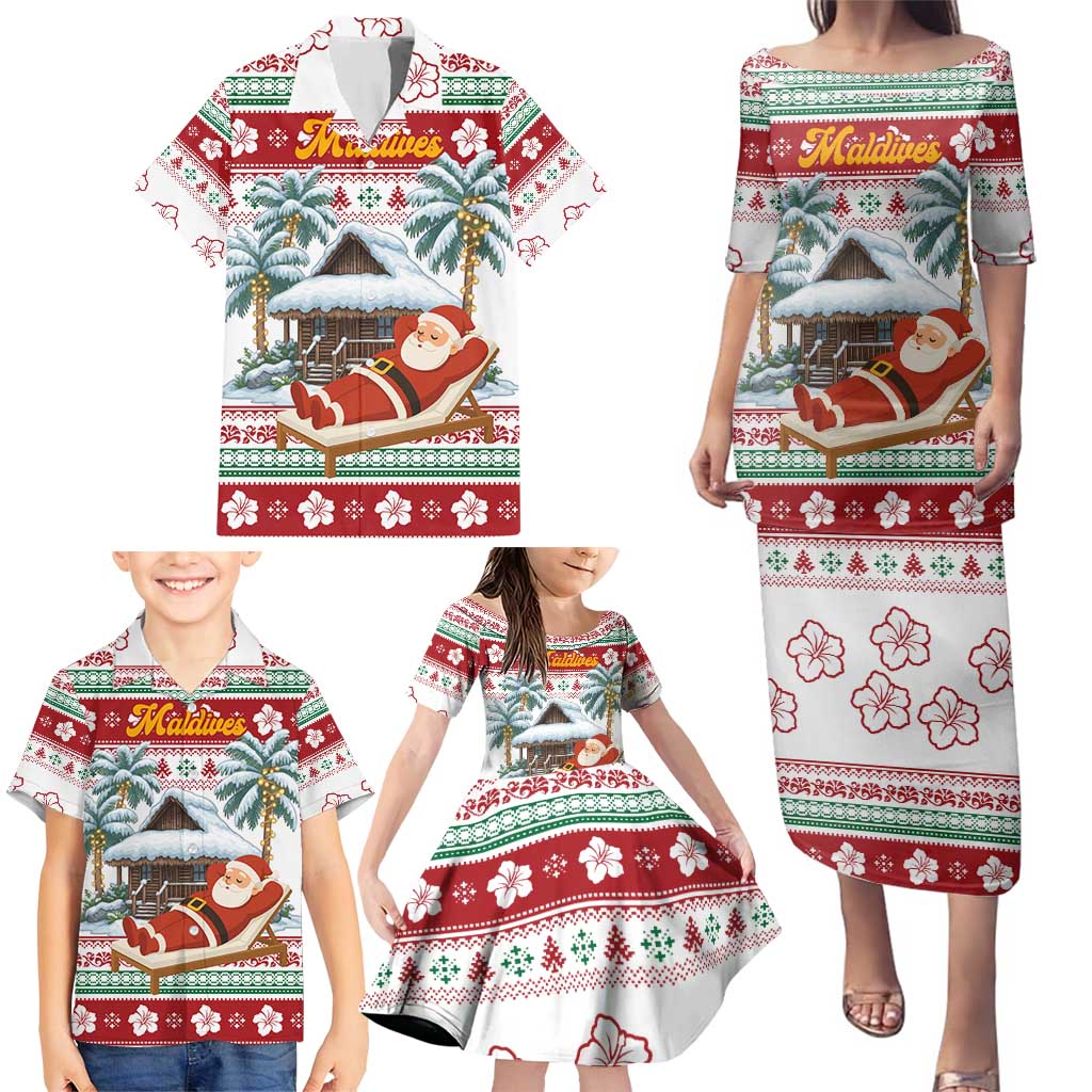 Maldives Christmas Family Matching Puletasi and Hawaiian Shirt with Santa Claus Hammock Palm Trees and Tropical - Wonder Print Shop