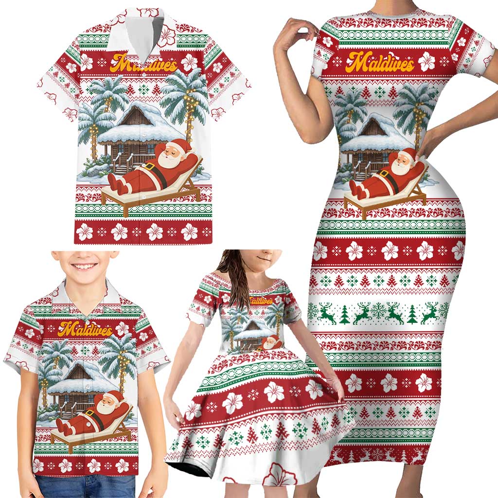 Maldives Christmas Family Matching Short Sleeve Bodycon Dress and Hawaiian Shirt with Santa Claus Hammock Palm Trees and Tropical - Wonder Print Shop