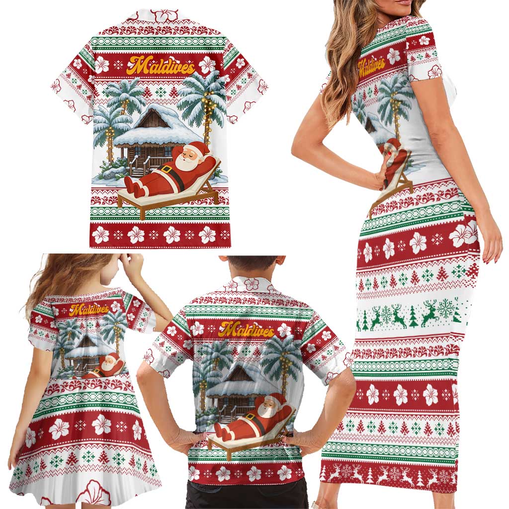 Maldives Christmas Family Matching Short Sleeve Bodycon Dress and Hawaiian Shirt with Santa Claus Hammock Palm Trees and Tropical - Wonder Print Shop