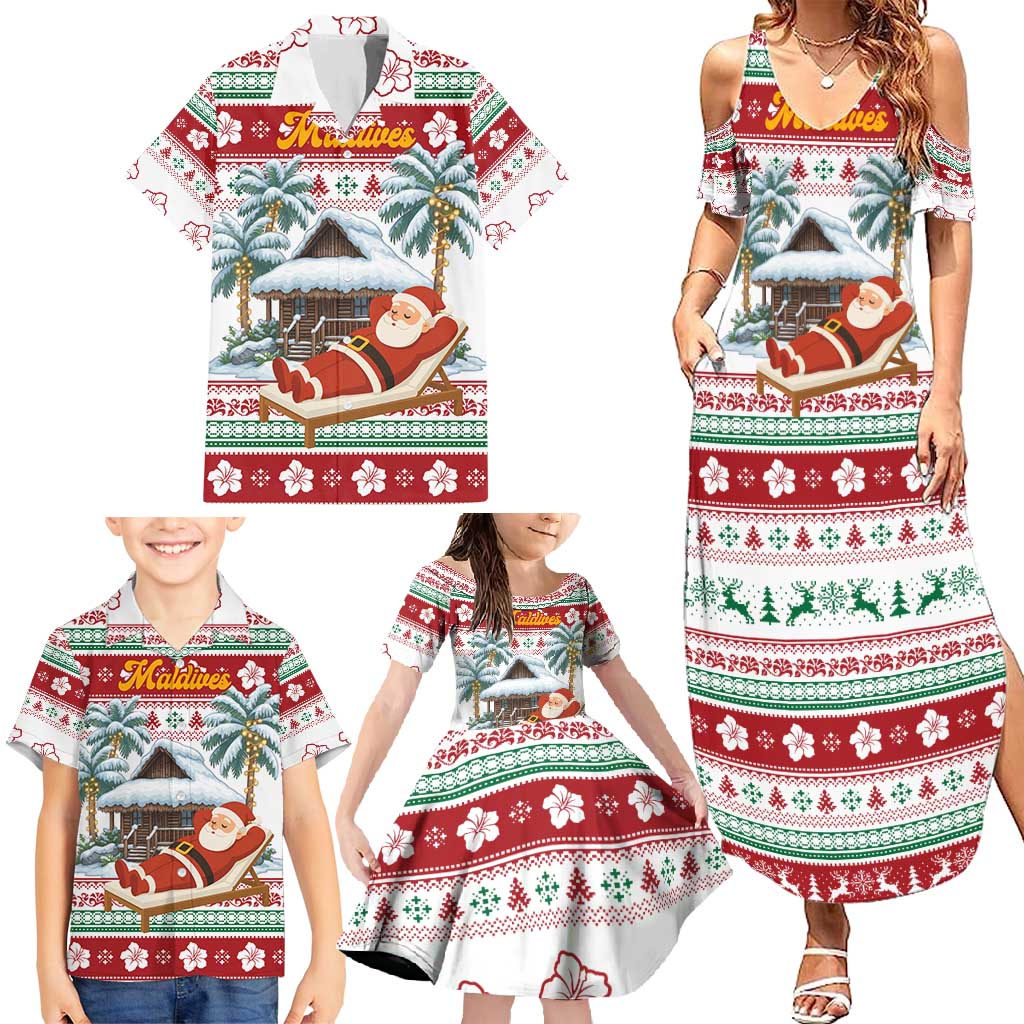 Maldives Christmas Family Matching Summer Maxi Dress and Hawaiian Shirt with Santa Claus Hammock Palm Trees and Tropical - Wonder Print Shop